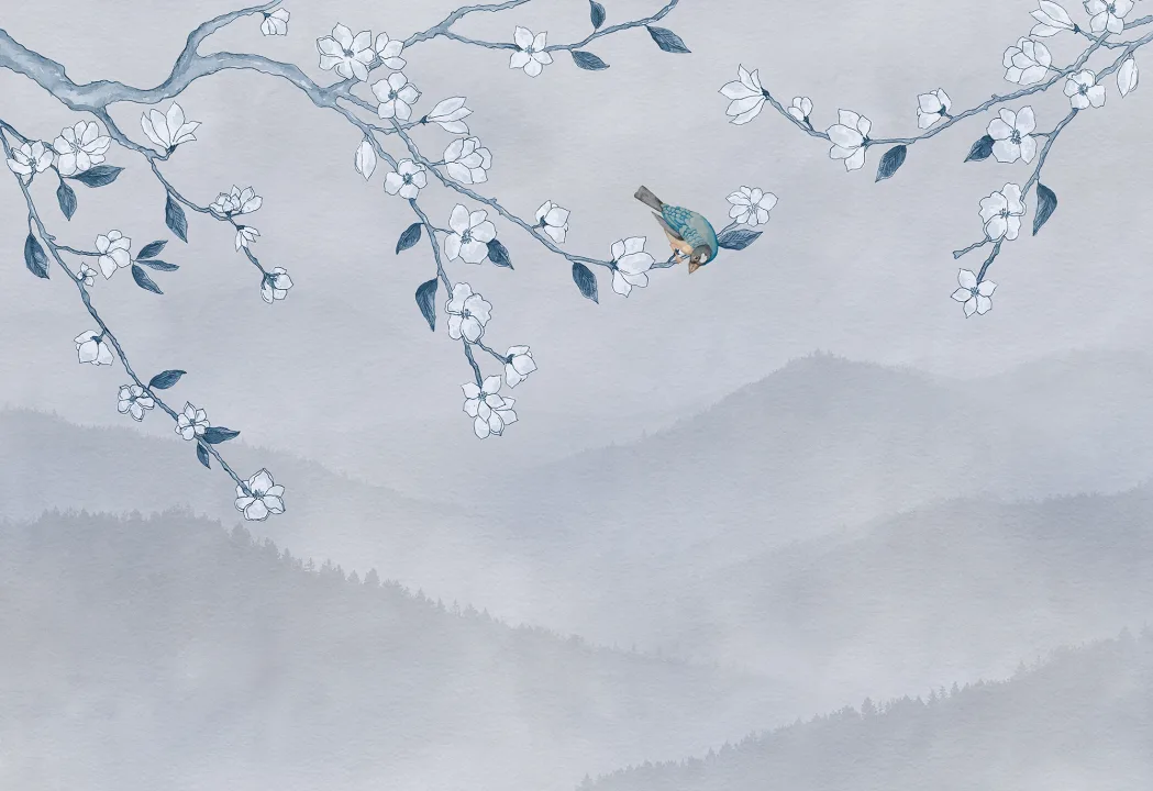 Albero tranquillo con uccello blu