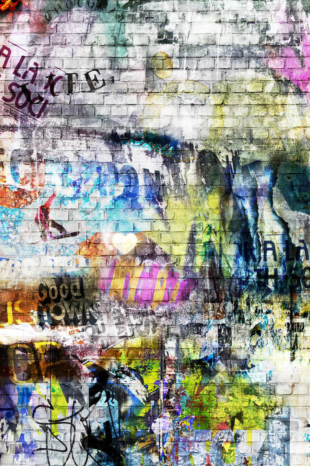 Realistic graffiti wall mural with bricks