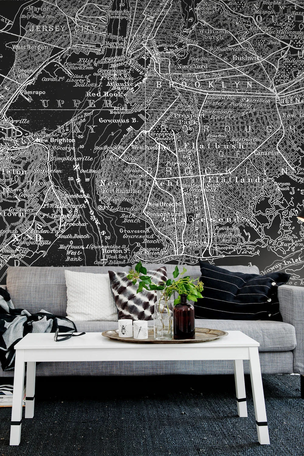 Graphic monochrome map on wall mural
