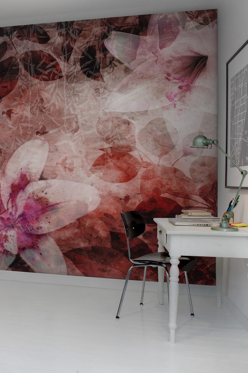 Red flower wall mural with birds