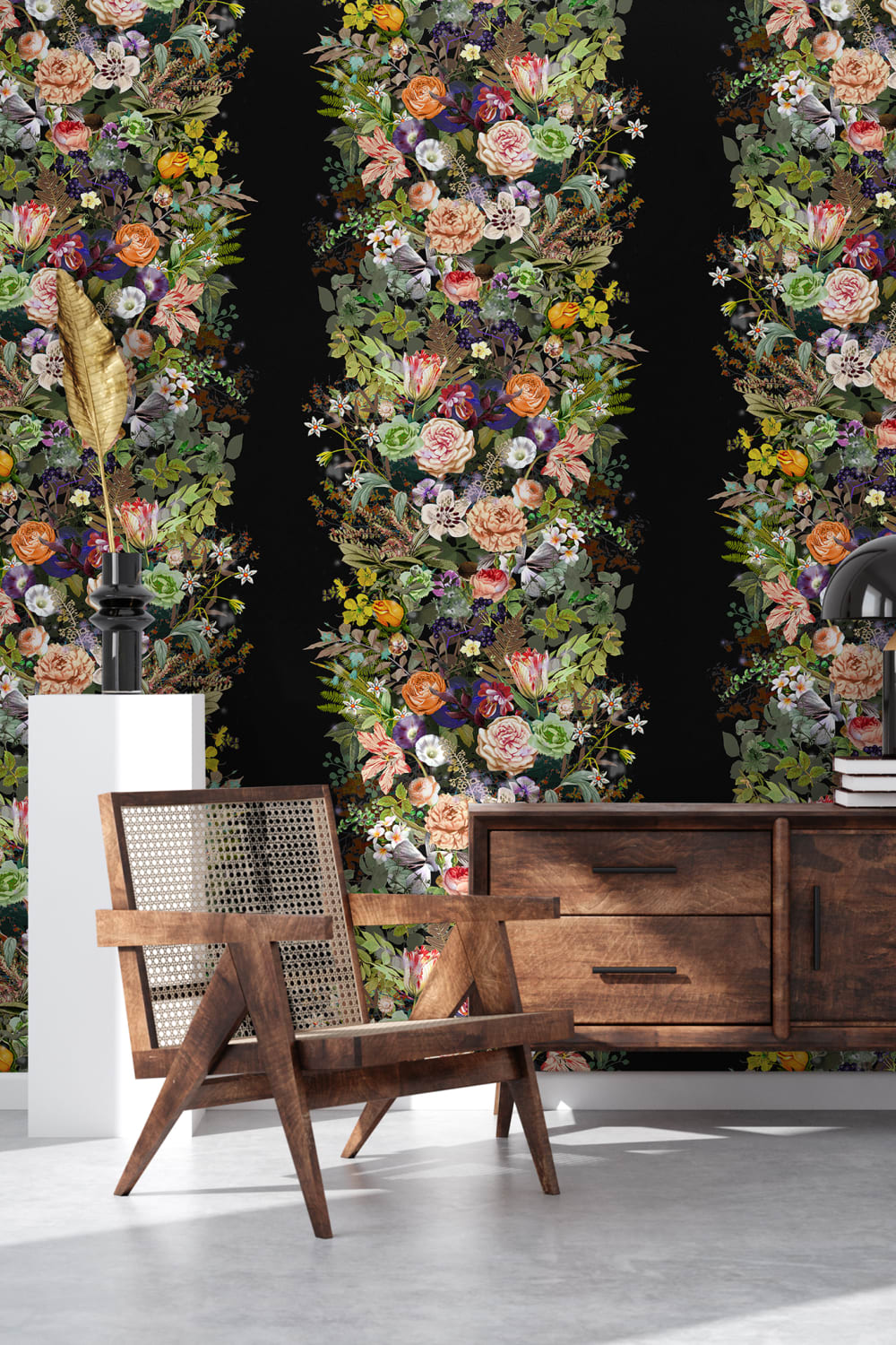 Stripe wallpaper with flowers and leaves on a dark ground