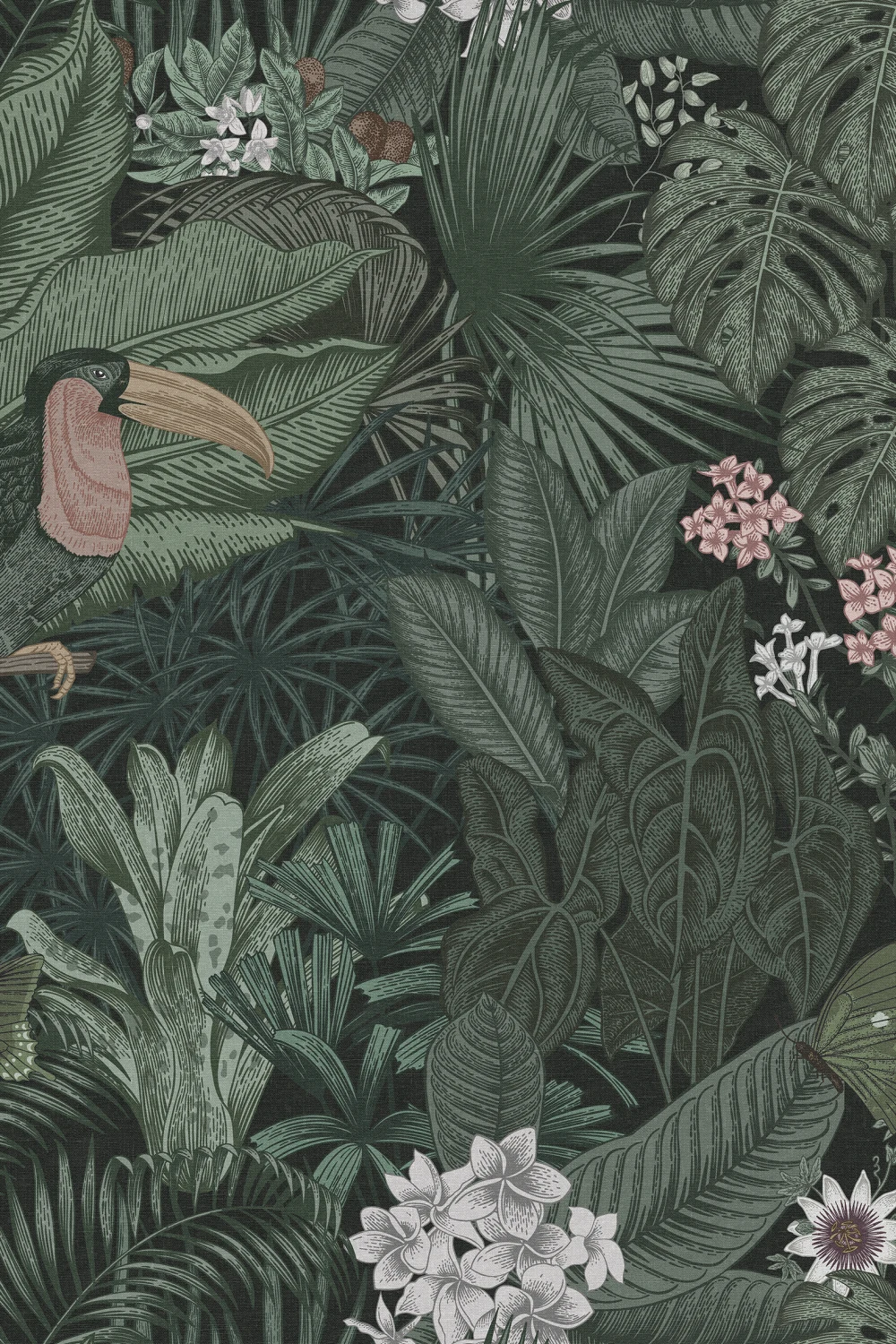 Papier peint au motif tropical et ses toucans