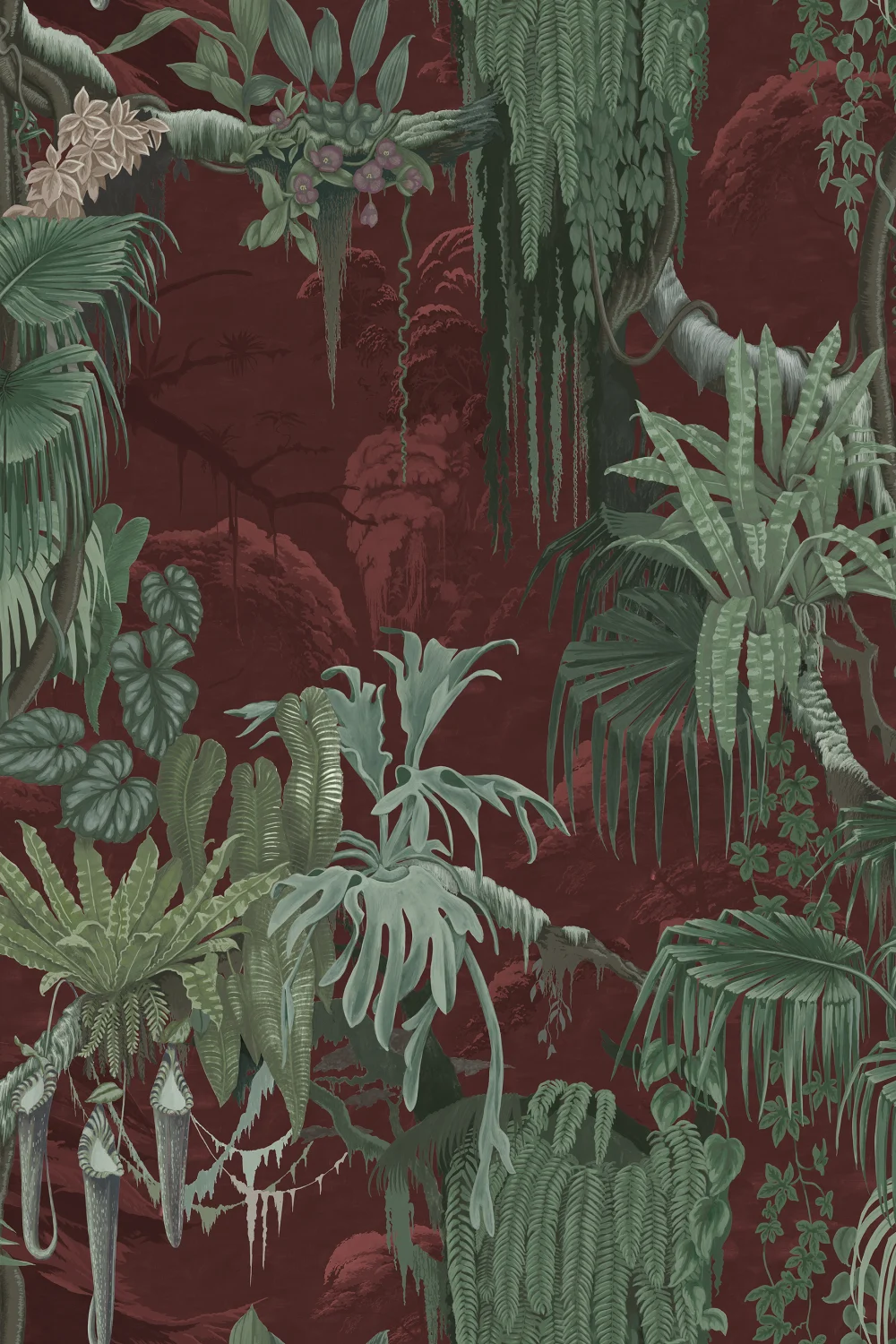 Papier peint au motif de jungle rouge rouille