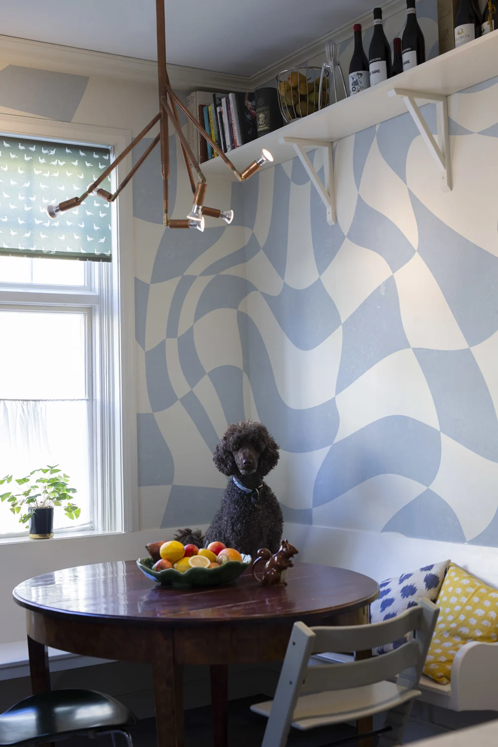 Blue checkered maximalist wallpaper