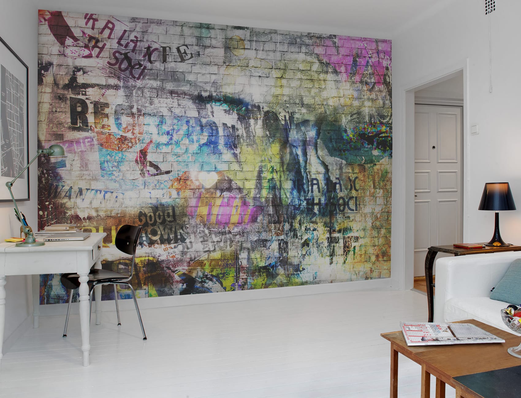 Realistic graffiti wall mural with bricks