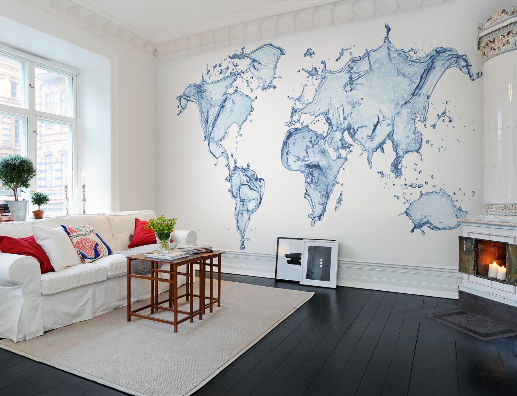 Peinture murale unique de la carte du monde bleue