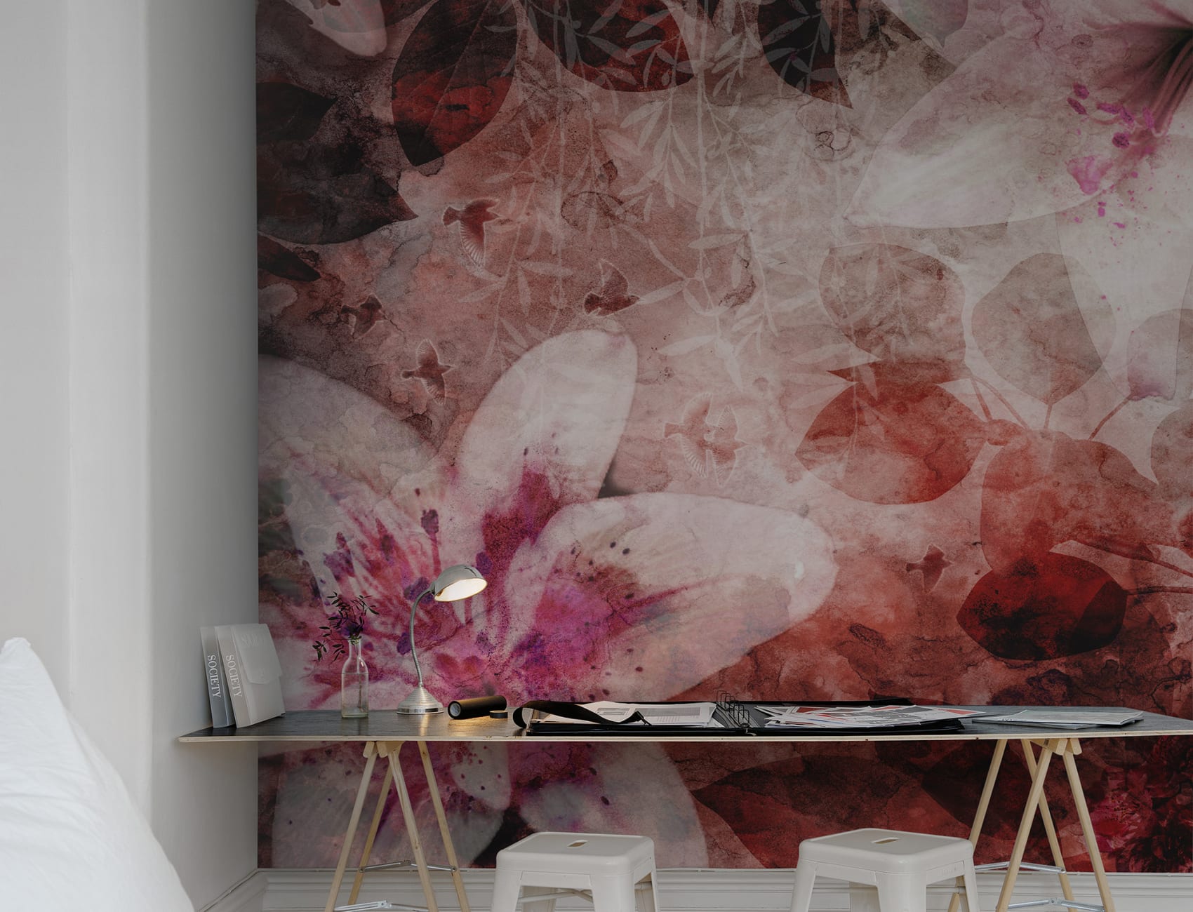 Red flower wall mural with birds