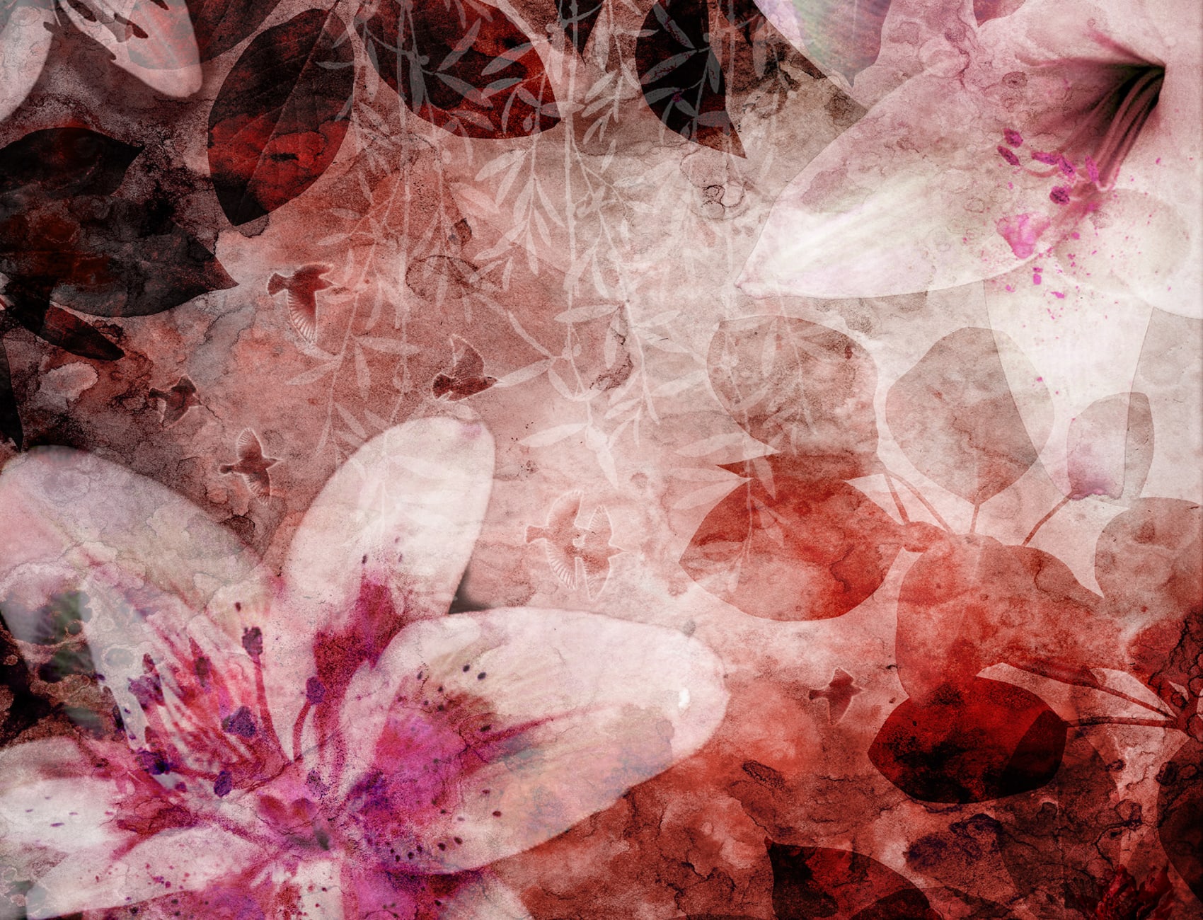 Red flower wall mural with birds