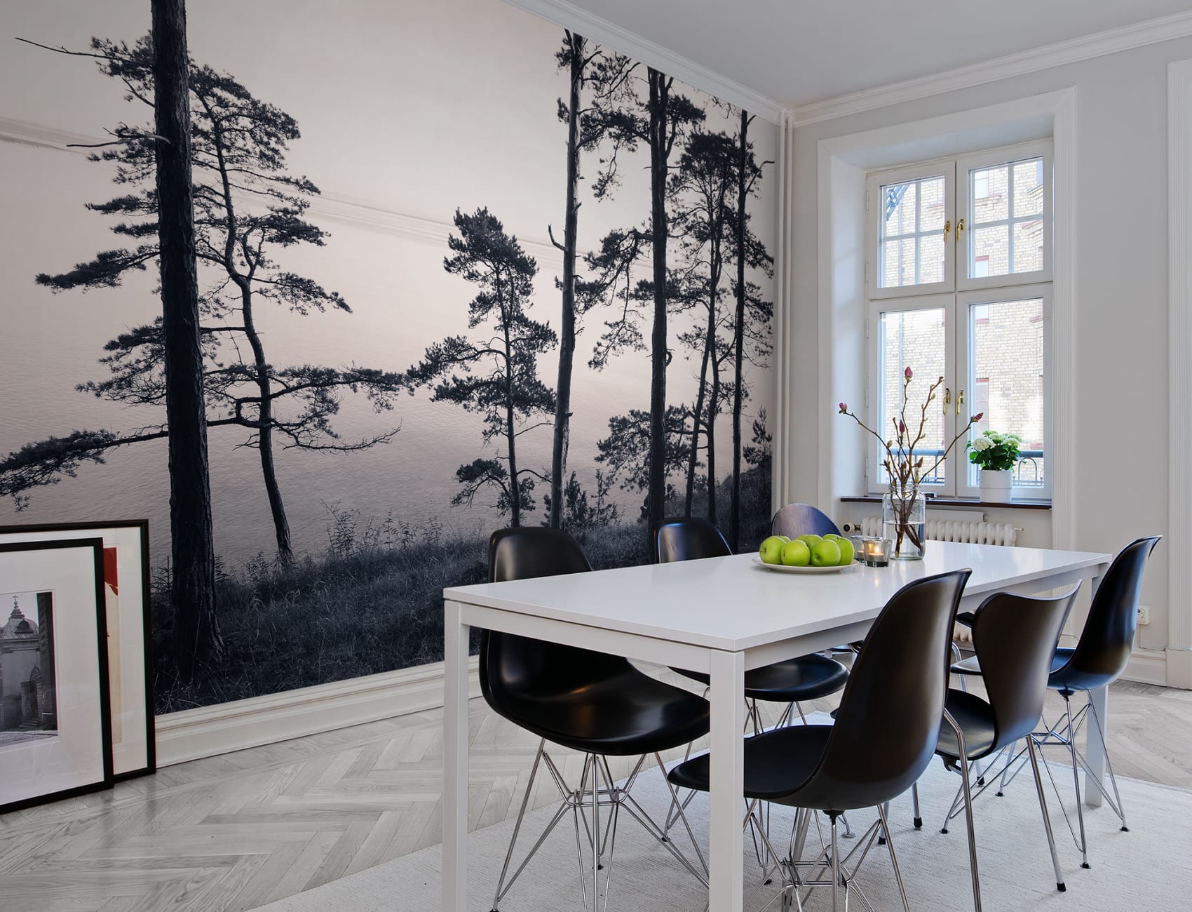 Wall mural with photo of pine trees in pink and gray hues