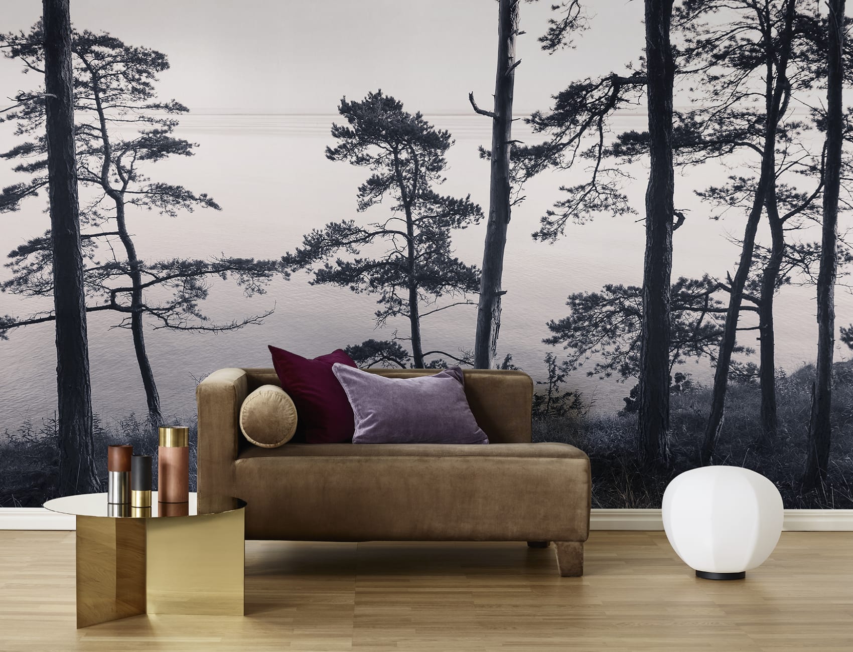 Wall mural with photo of pine trees in pink and gray hues