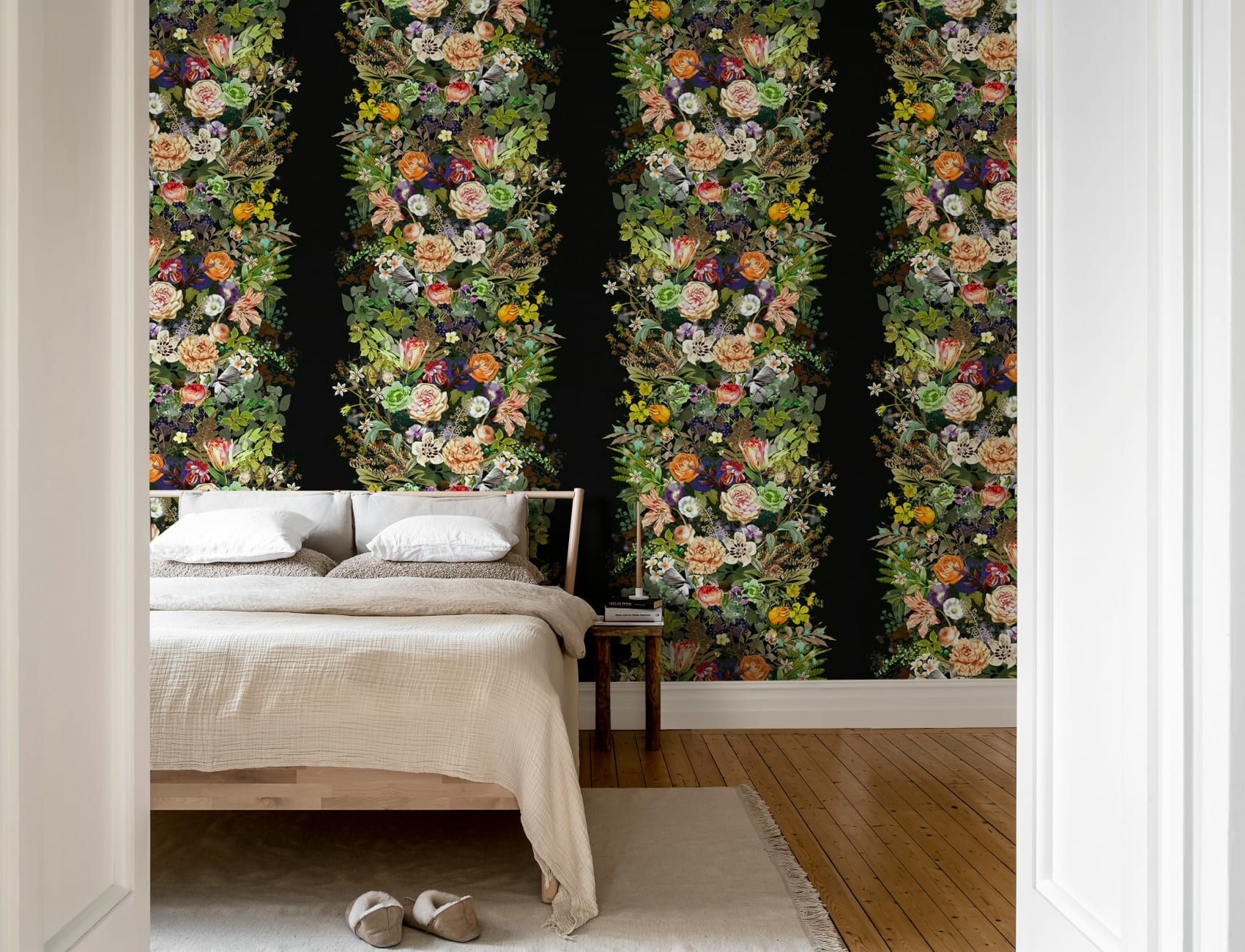 Stripe wallpaper with flowers and leaves on a dark ground