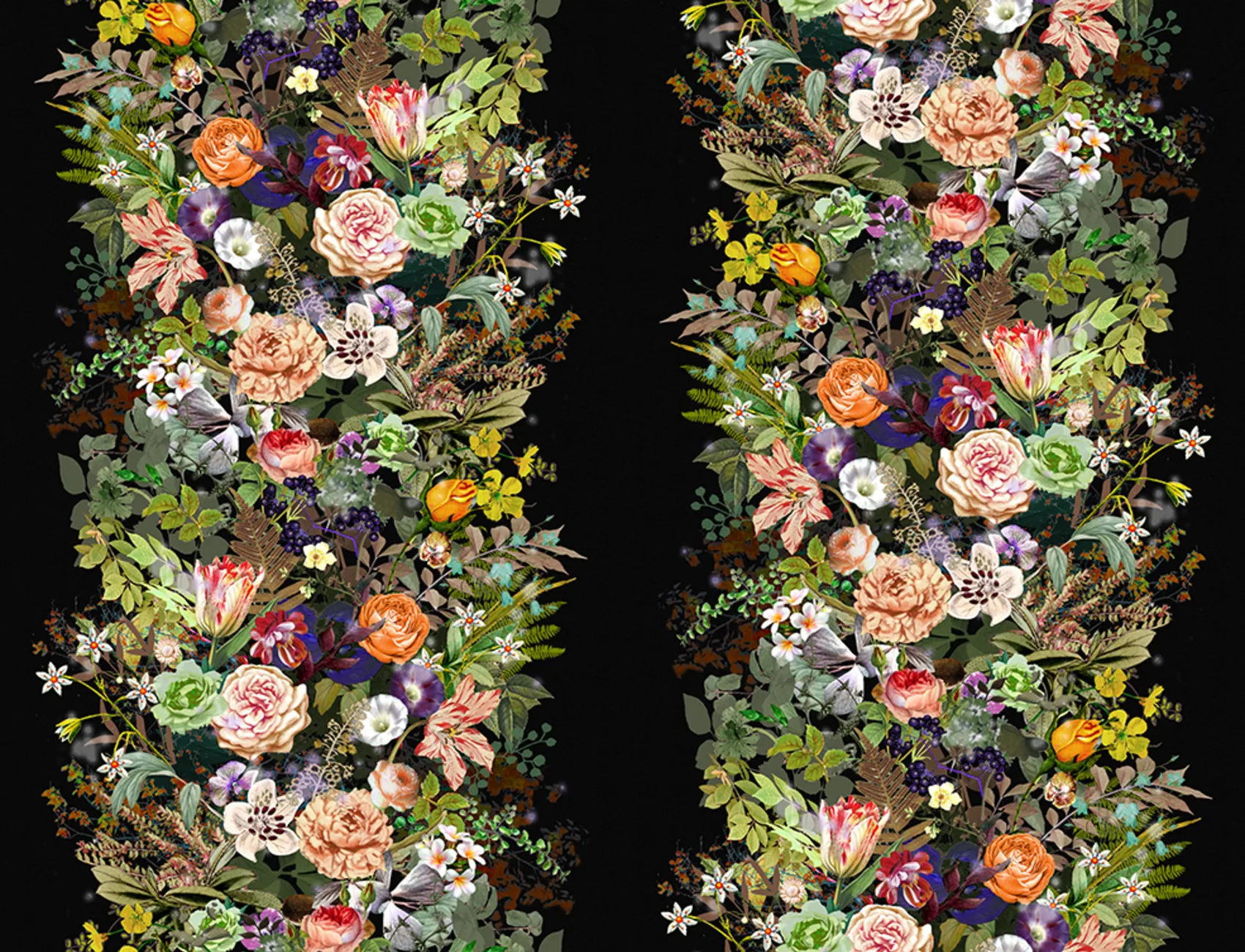 Stripe wallpaper with flowers and leaves on a dark ground