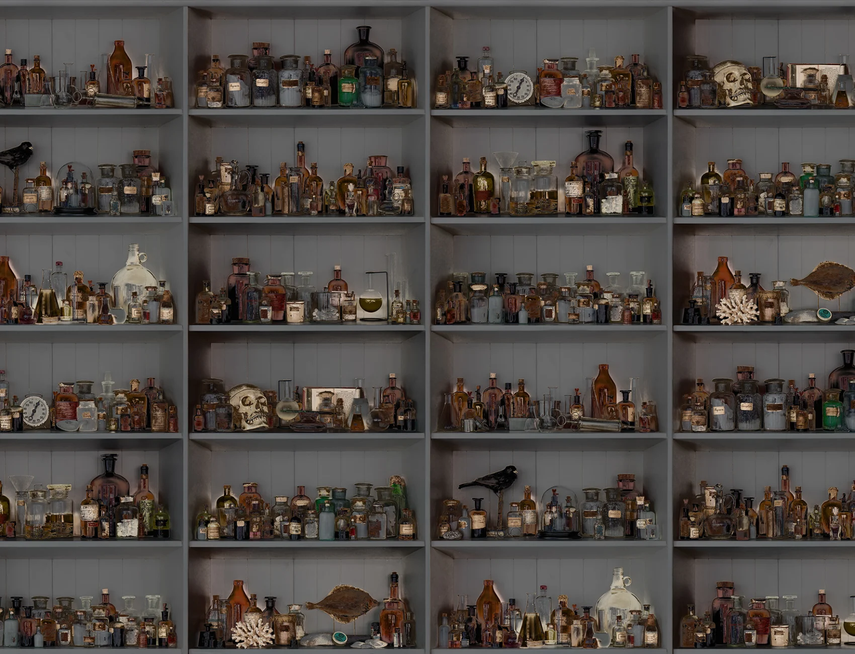 Crânes, bouteilles et fioles