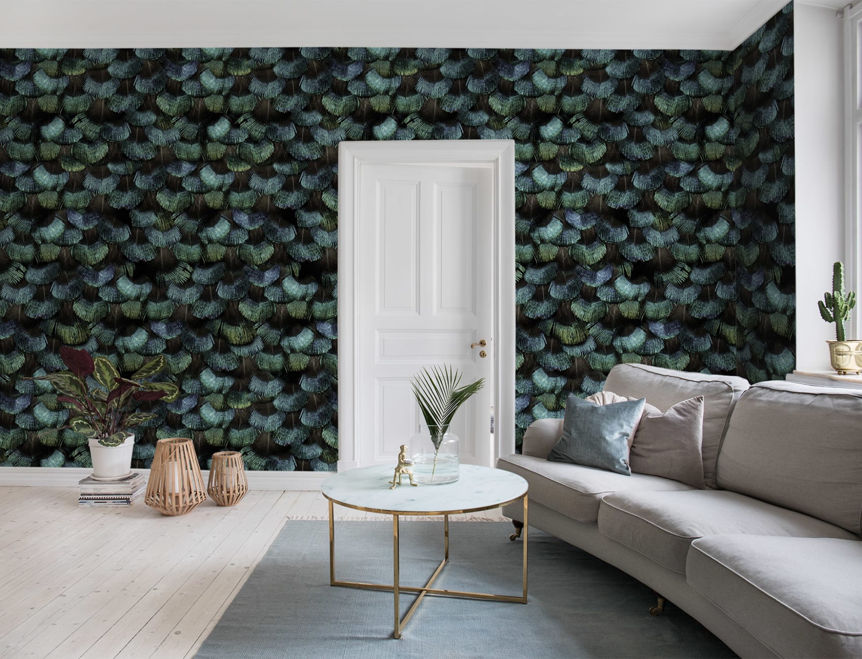 Udtryksfuldt tapetdesign med fjer