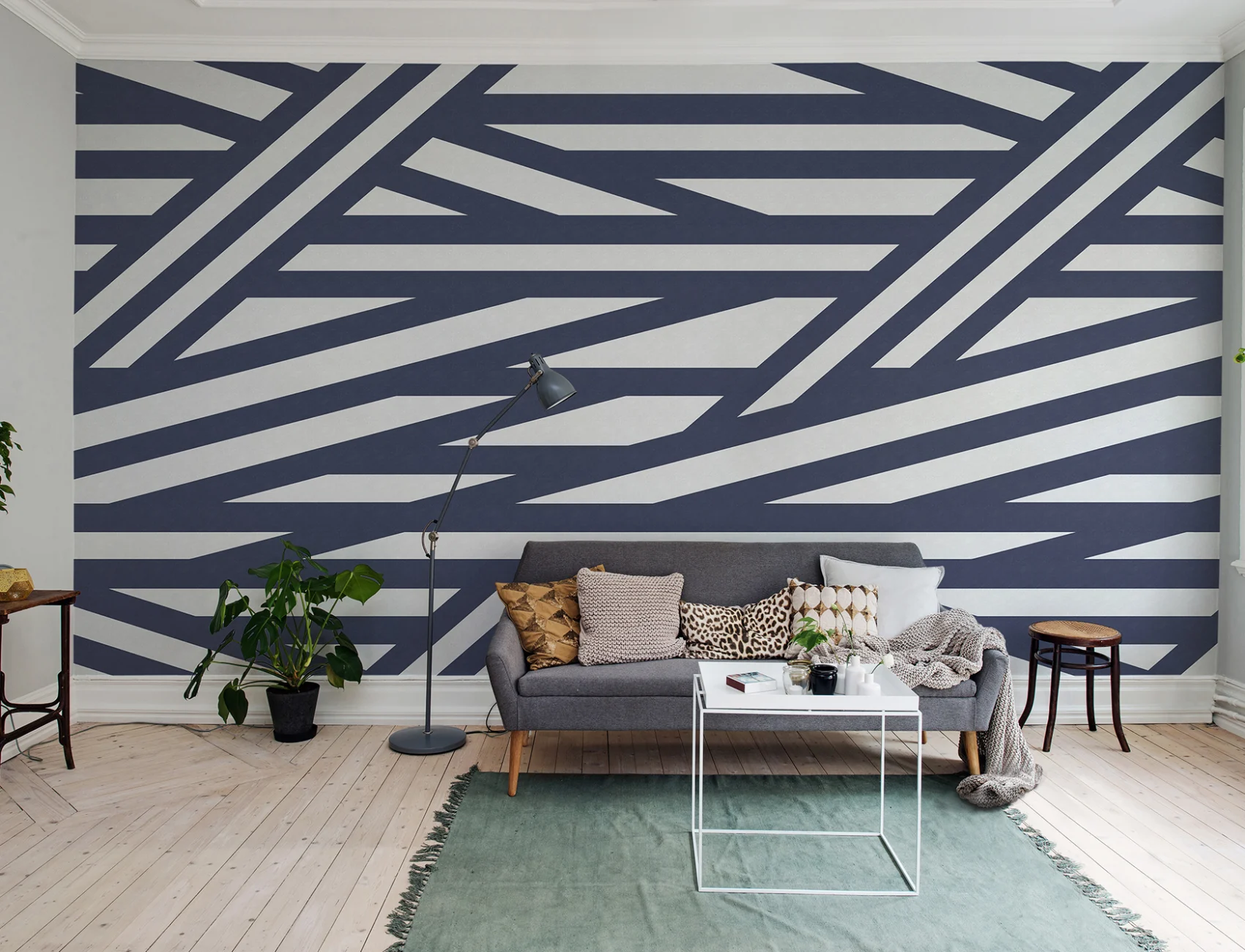 Geometrische mural met linnen structuur