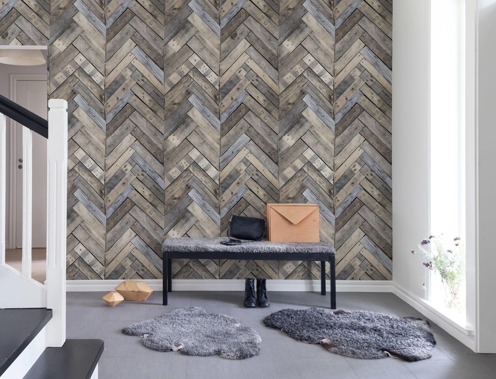 Weathered wood in a herringbone pattern