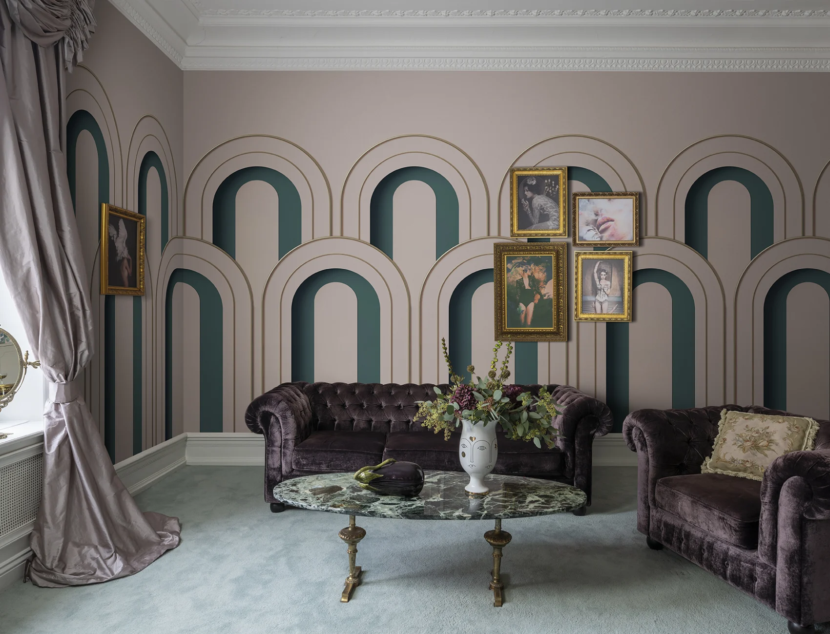A 3D wall mural in dusty pink adds depth to any room