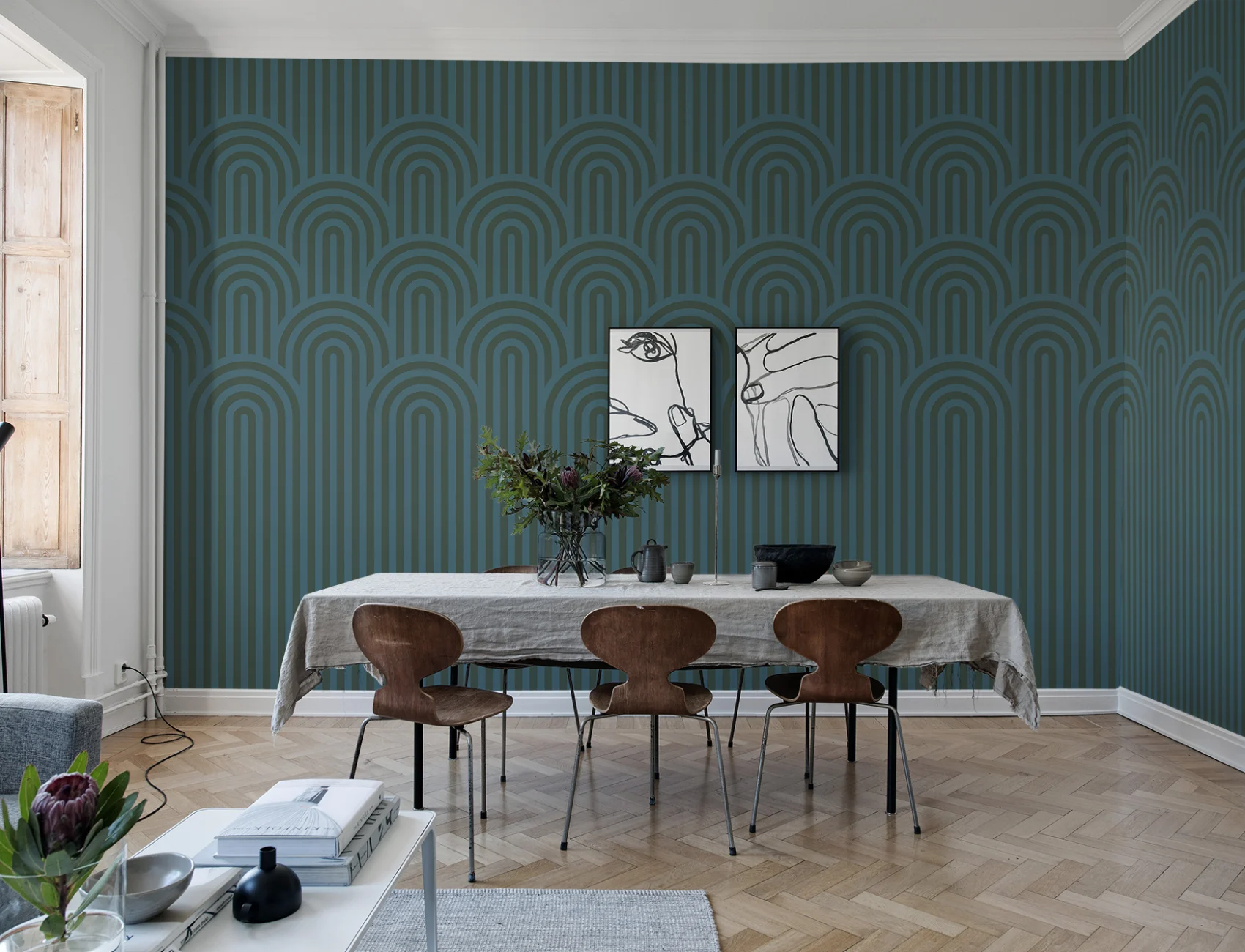 Unique striped wall mural in gemstone colors