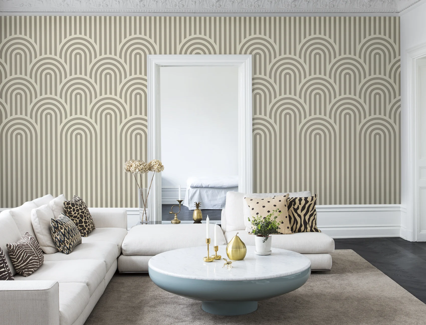 Mild curves on striped wallpaper