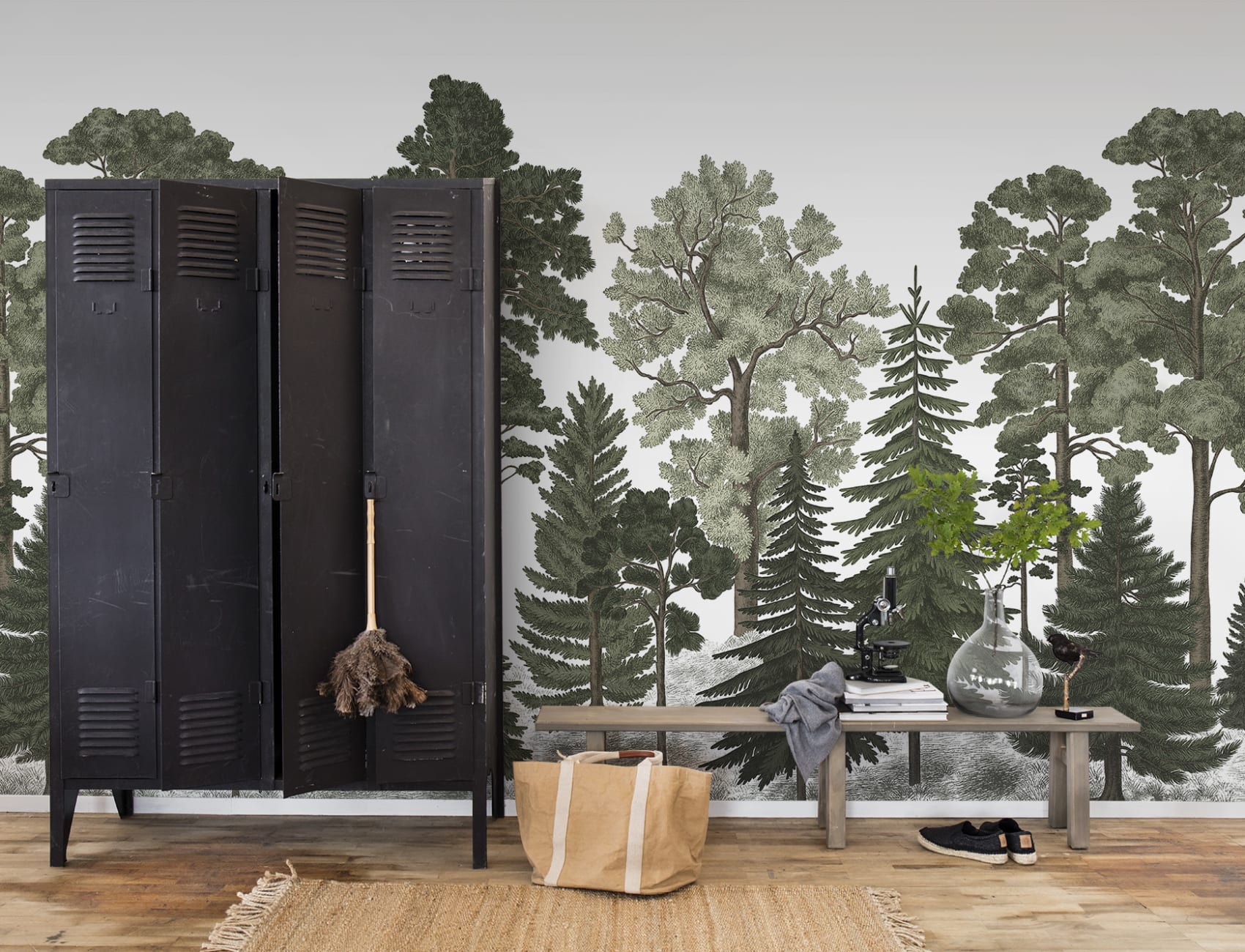 Forest wallpaper with coniferous trees