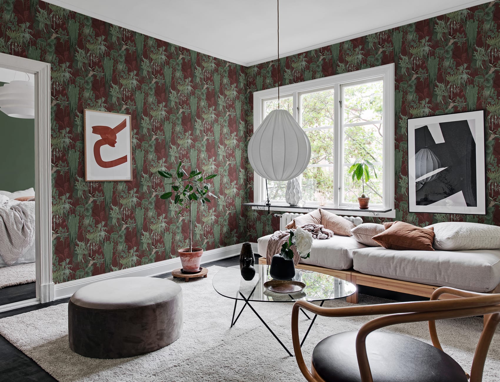 Papier peint au motif de jungle rouge rouille