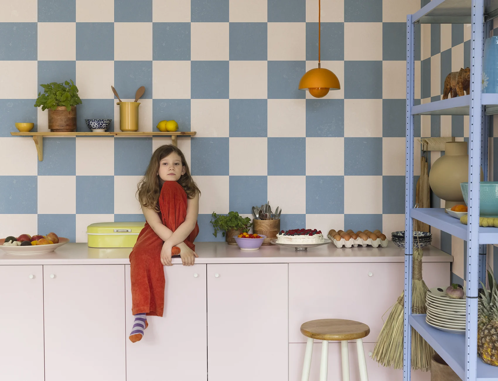 Blue and pink checkered wall mural
