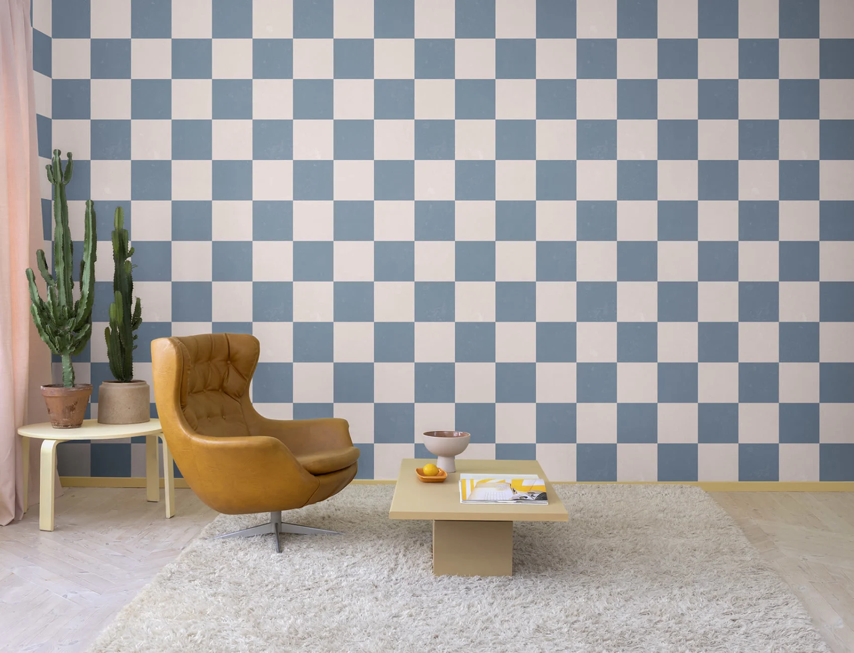 Blue and pink checkered wall mural