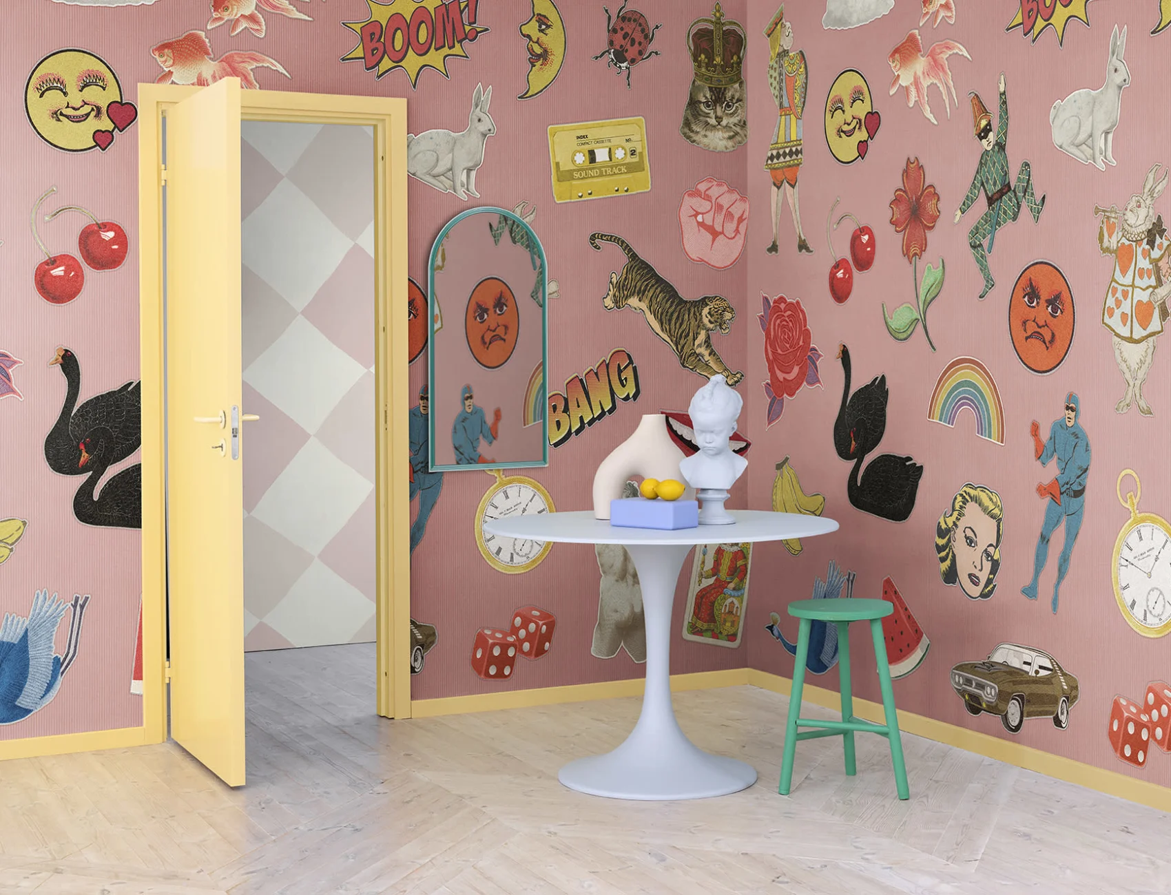 Playful patchwork wallpaper pattern