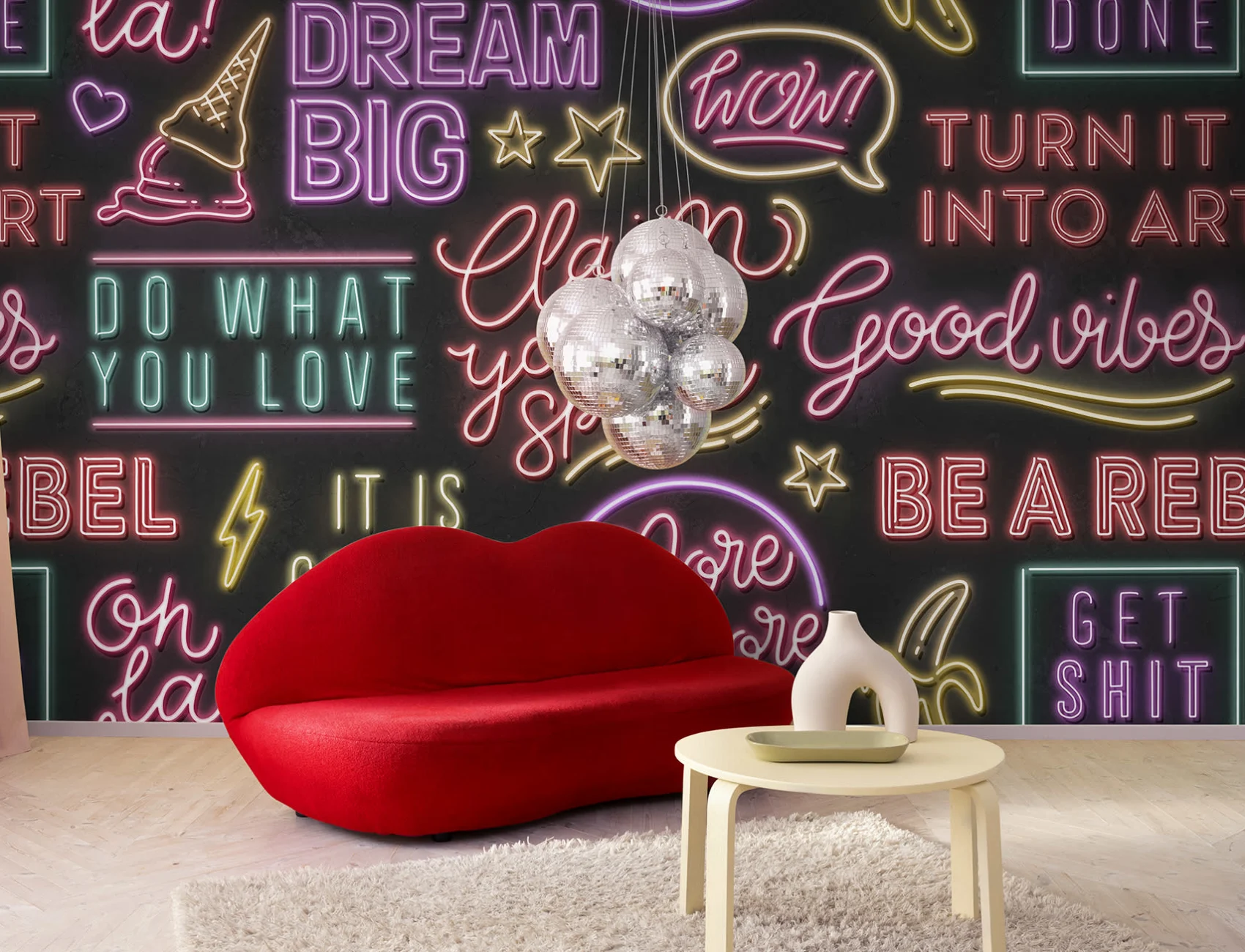 Bold neon typography wall mural