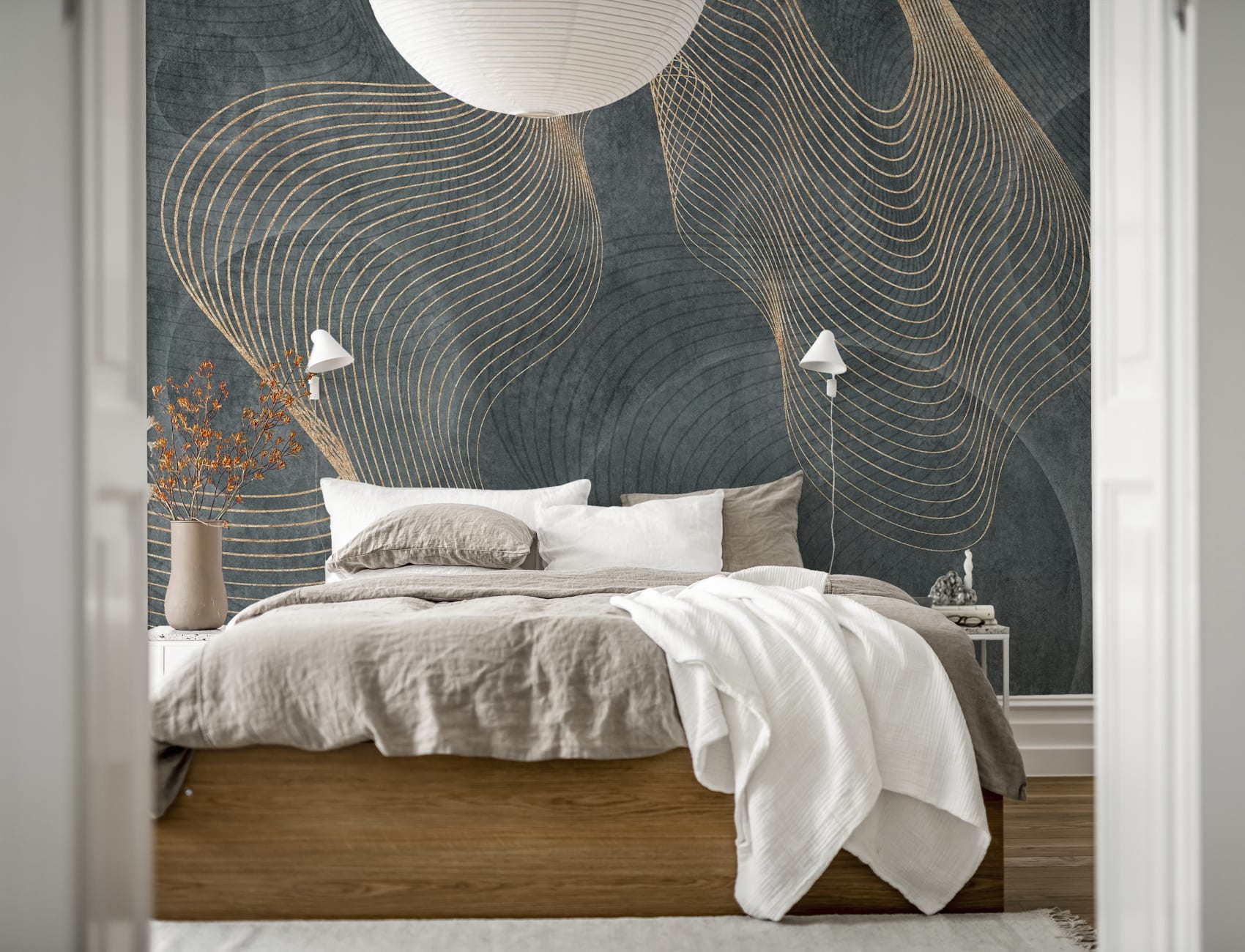 Gold Wavy Lines on Concrete Background