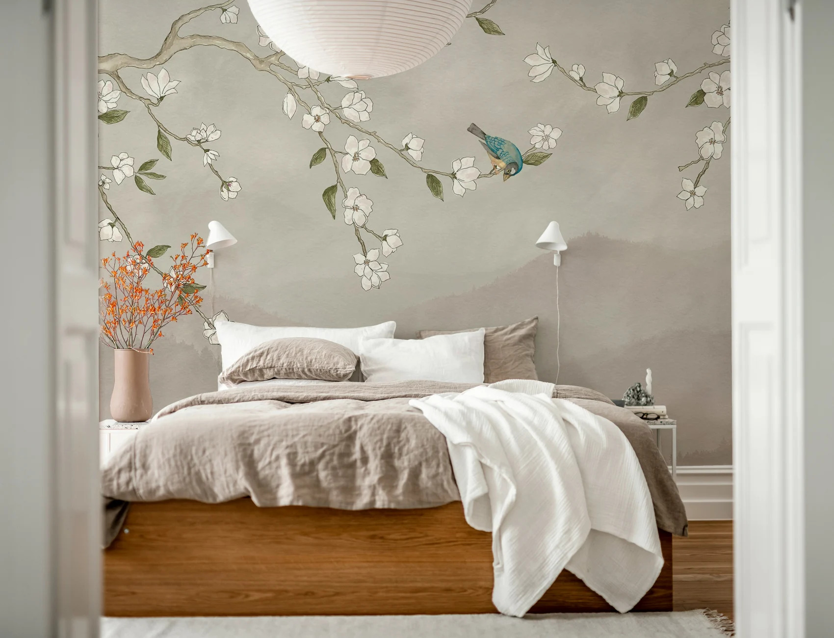 Tranquil Blooms and Feathered Friend