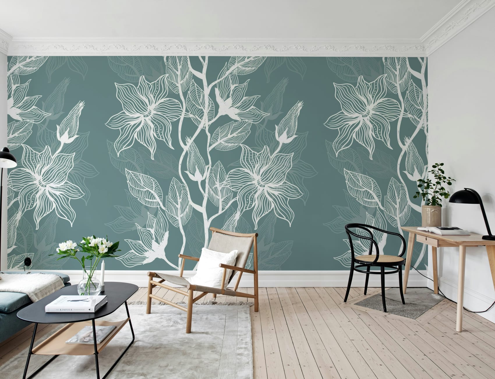 Envelop Your Walls with Giant Flora Daring White on Lagoon