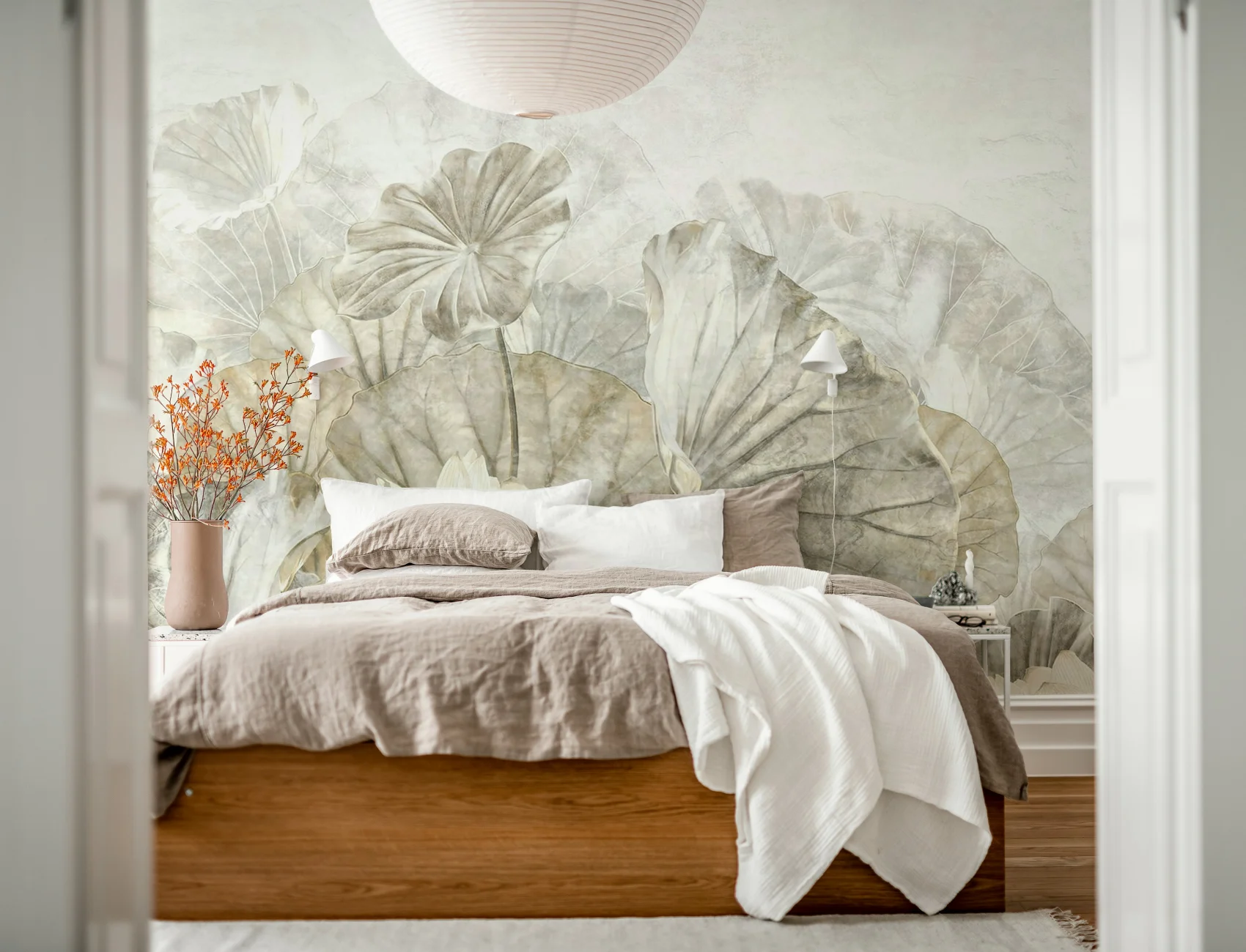 Embrace Serenity with Beige Lotus Leaf Mural