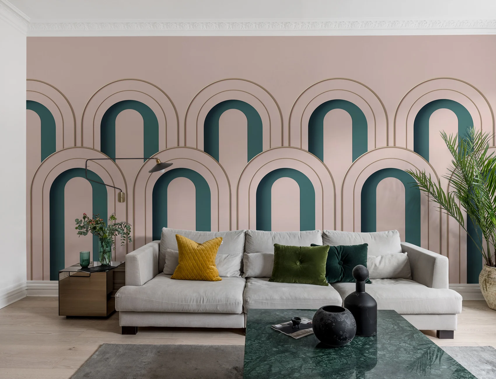 A 3D wall mural in dusty pink adds depth to any room