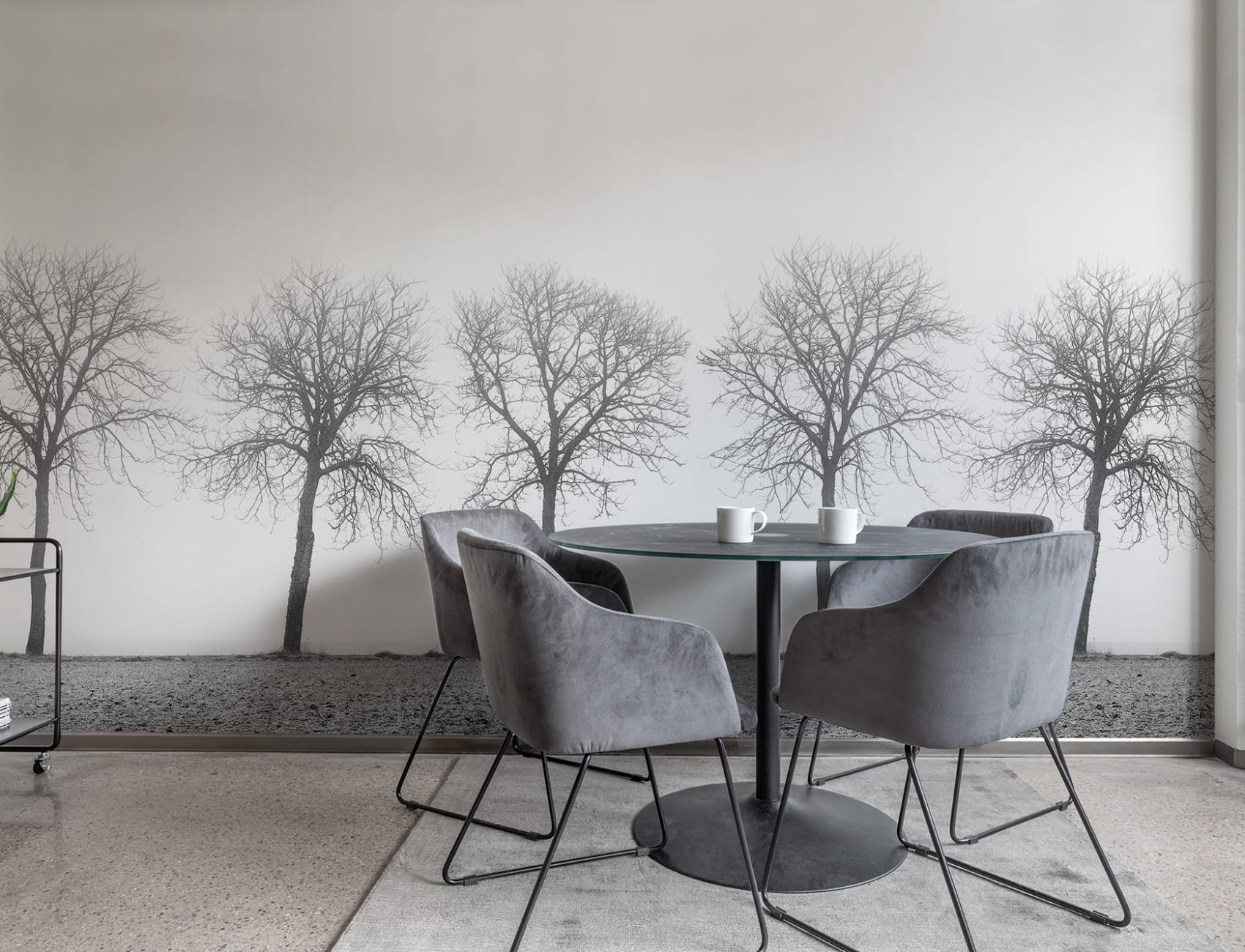 Black and white wall mural with trees