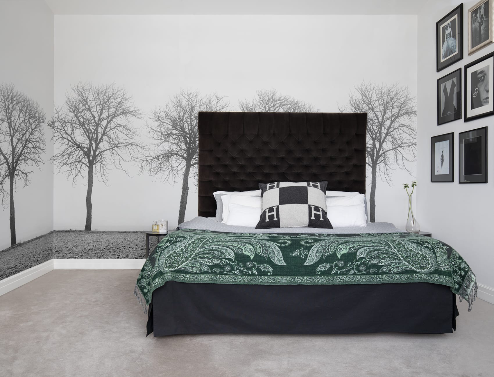 Black and white wall mural with trees