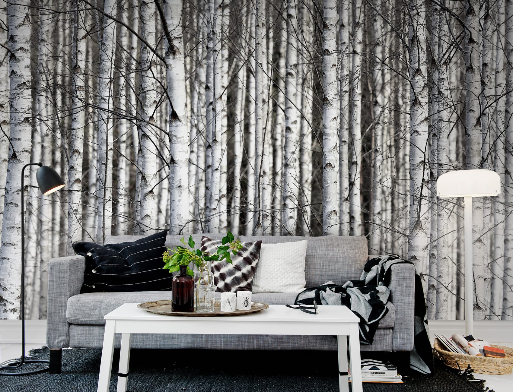 Tree wallpaper looking like birch trunks in characteristic black and white