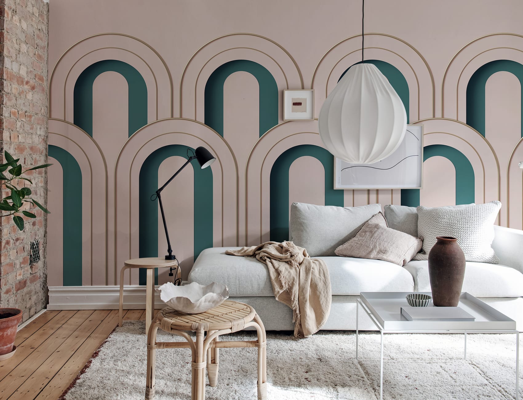 A 3D wall mural in dusty pink adds depth to any room