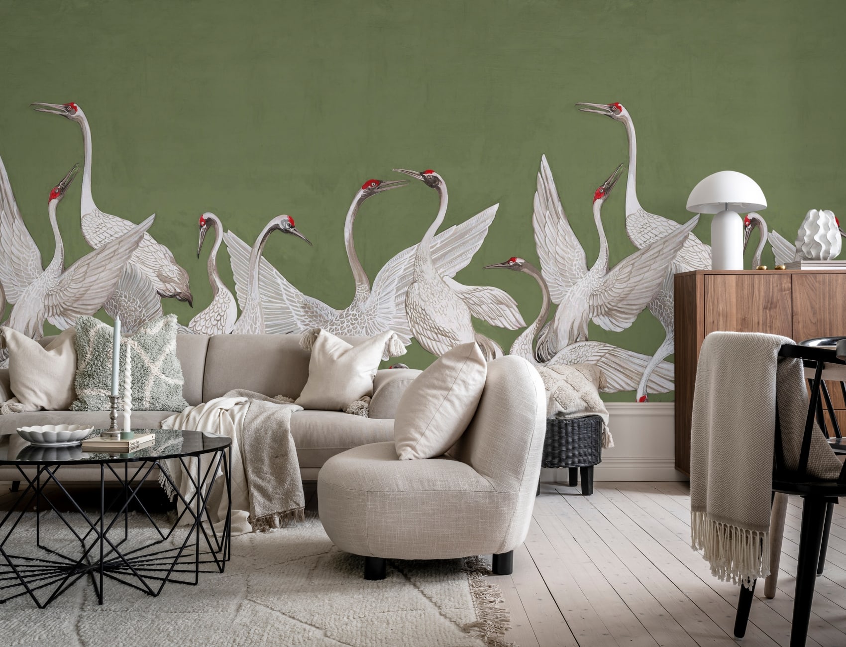 Cranes On a Green Backdrop