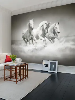 Wall mural with horses in grayscale