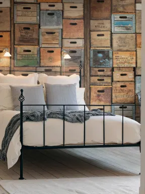 3D wood wall mural with stacked boxes