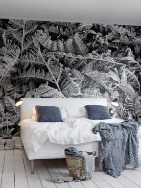 Grayscale wall mural with leaves