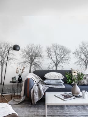 Black and white wall mural with trees