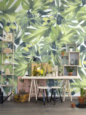 Jungle mural wallpaper with monstera leaves