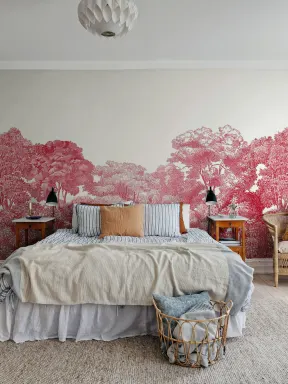 Red wallpaper with trees