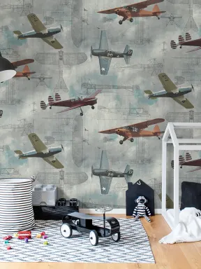 Mural de parede nostálgico de aviões