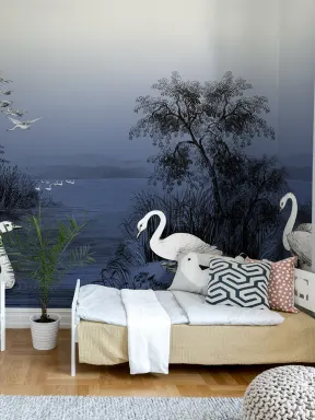 Cisnes no crepúsculo azul da meia-noite