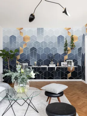 Mural de parede Art Déco em tons de azul com um toque dourado