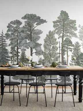 Hand-painted forest mural in muted green tones