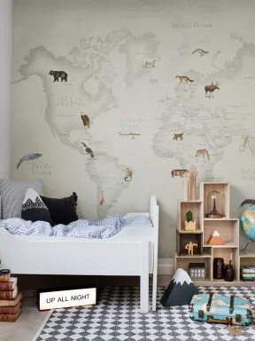 Animal world map wall mural